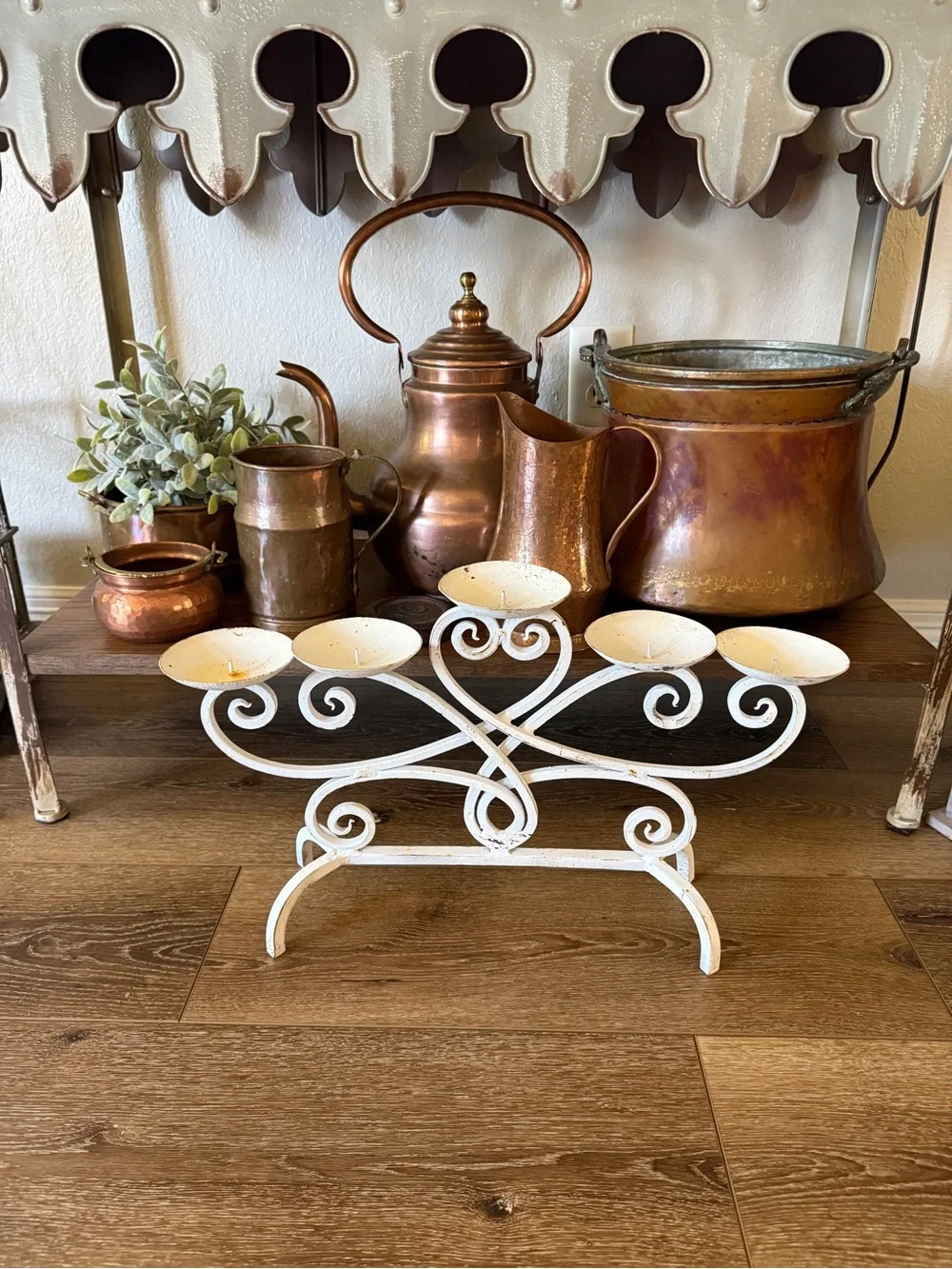 Vintage Cast Iron White Farmhouse 5-Arm Candle Holder with Genuine Patina